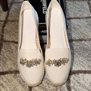 Karl Lagerfeld Cream Jeweled Espadrille Flats